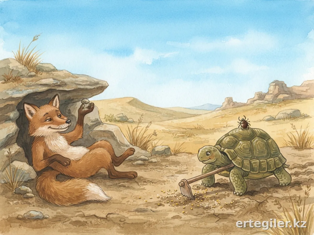 Fox rests in shade, tortoise and tick plant millet. Fox rests in shade, tortoise and tick plant millet.