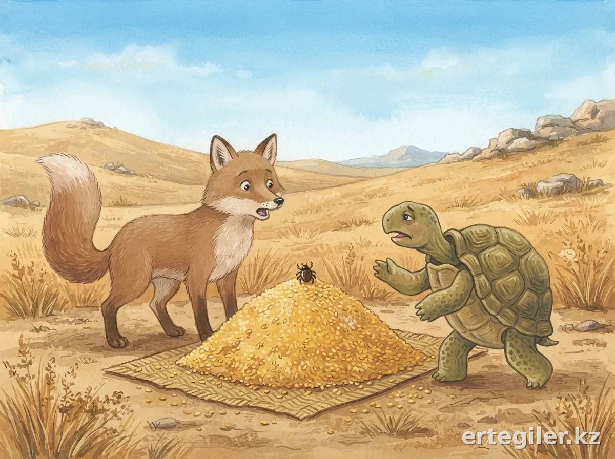 Tortoise approaches, telling fox and tick a story. Tortoise approaches, telling fox and tick a story.