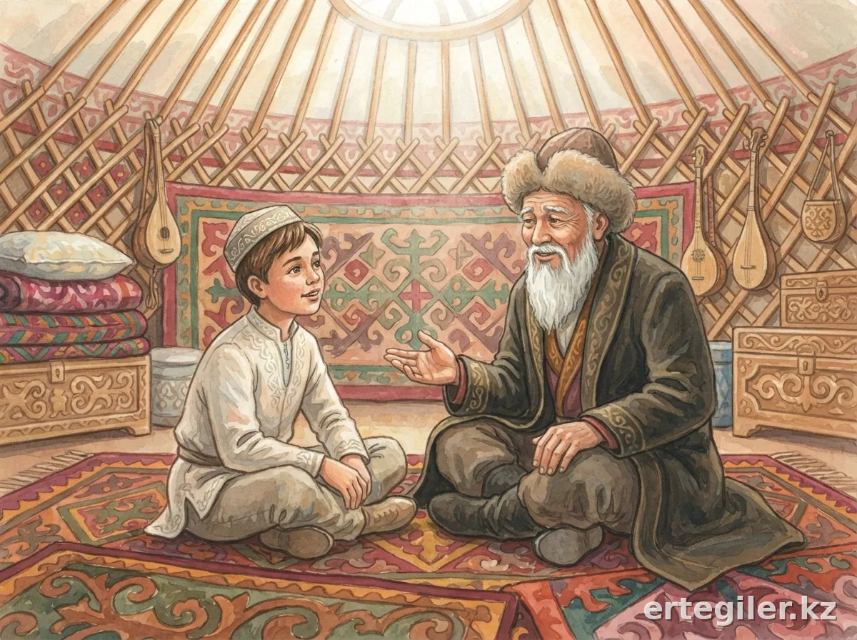 Nurzhan listens to the wise Sage in a yurt. Nurzhan listens to the wise Sage in a yurt.