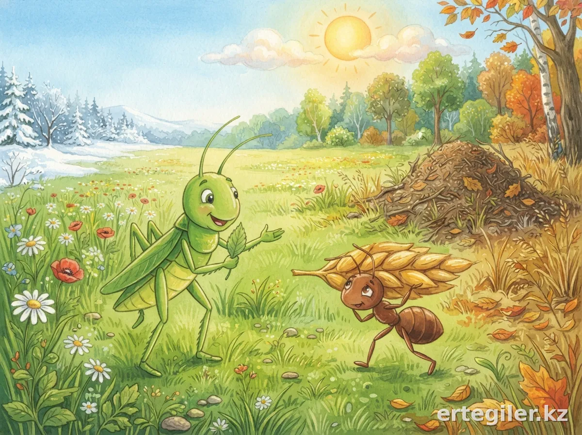 Grasshopper invites ant to play, ant works.