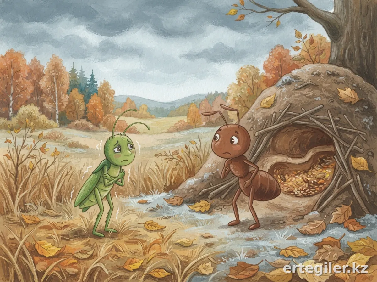 Shivering grasshopper pleads with ant for help.