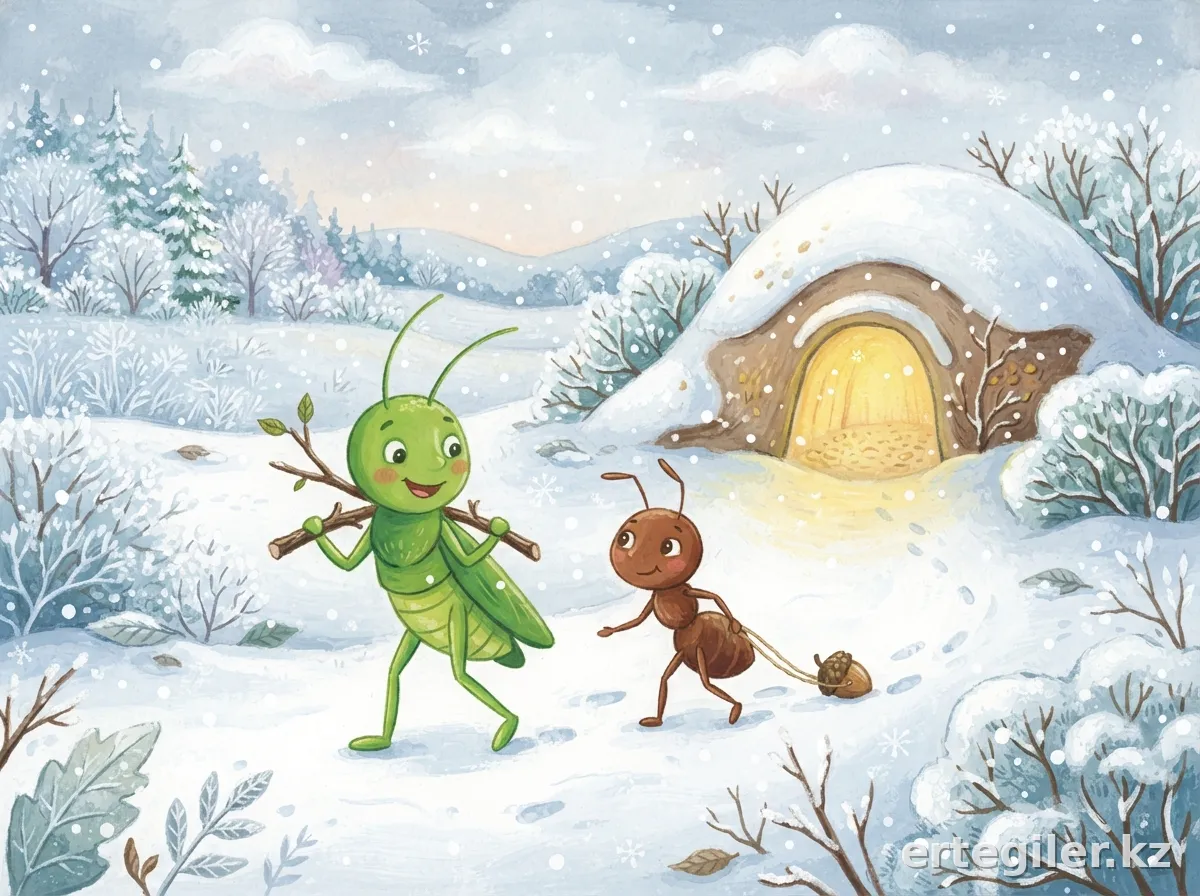 Grasshopper and ant work together in winter.