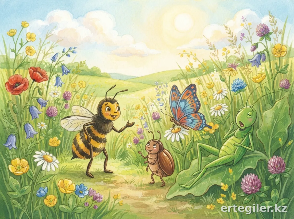 Bee calls to work, grasshopper looks lazy.