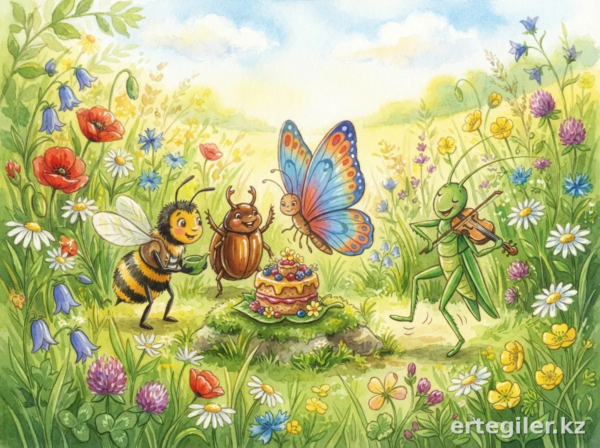 Friendship celebration, grasshopper joyfully sings.