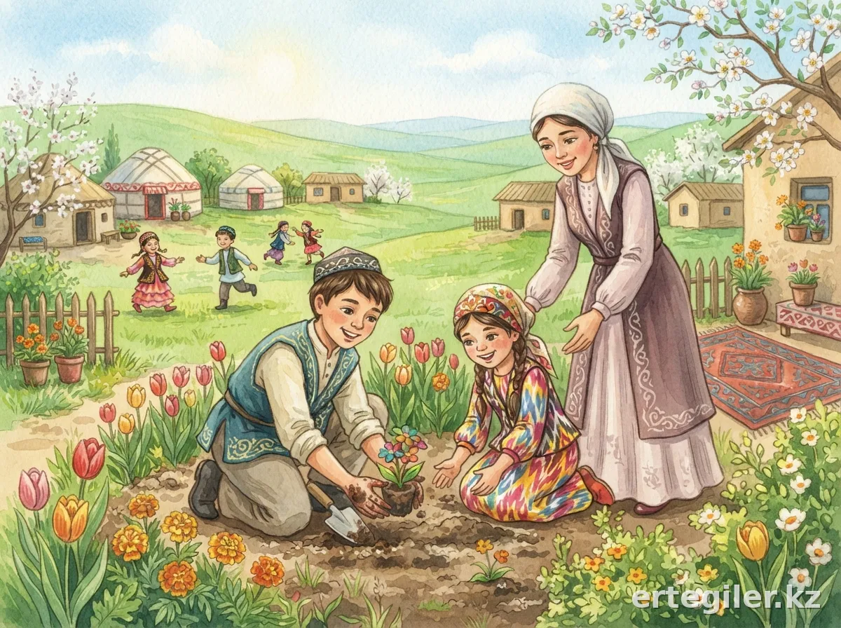 Doszhan and Gulnar planting flowers in yard with mother.