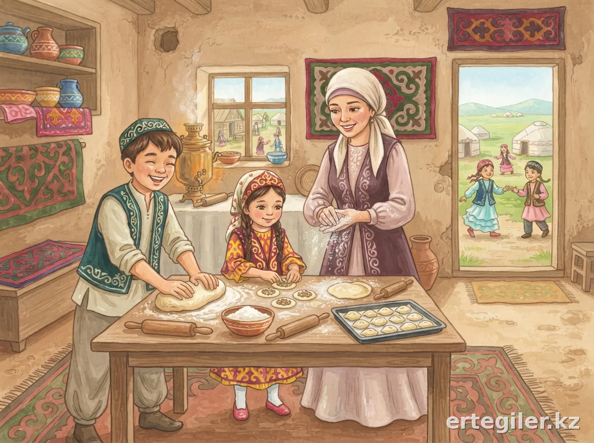 Doszhan, Gulnar, and mother baking pastries in kitchen.
